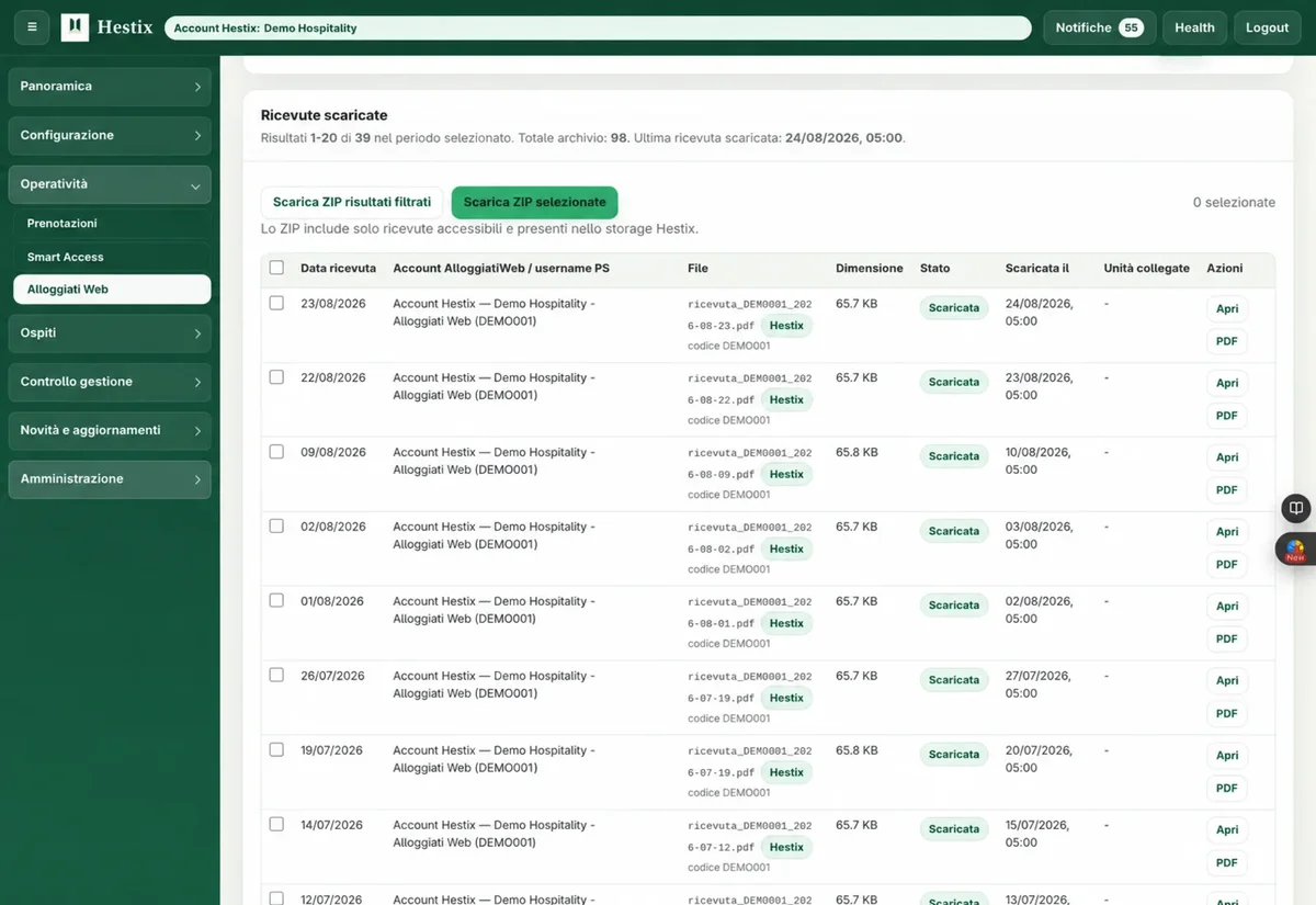 Archivio delle ricevute Alloggiati Web